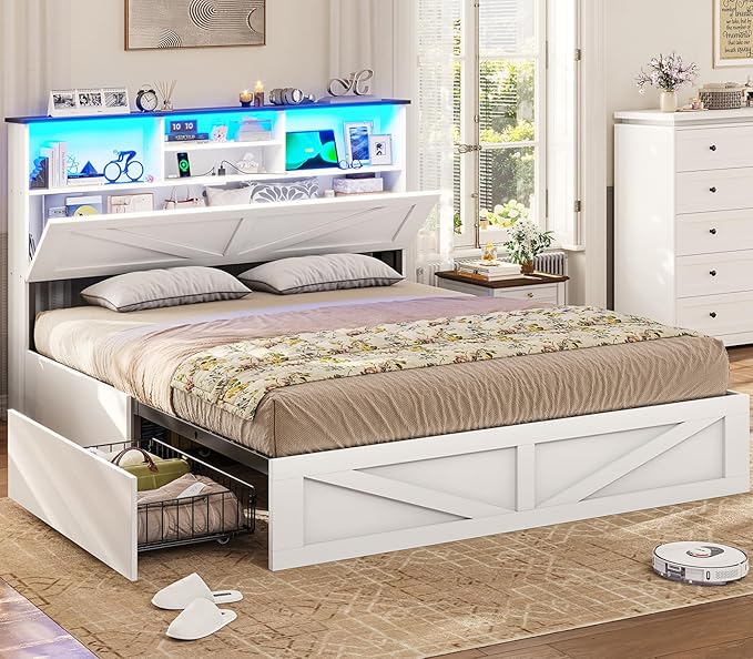 VIAGDO Farmhouse Queen Bed Frame with Bookcase Headboard, Charging Station & LED (4 Drawers)