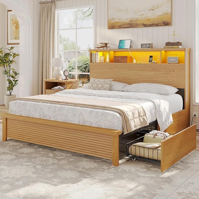 VIAGDO Rattan Queen Bed Frame with Bookcase Headboard, Charging Station & LED (4 Drawers)