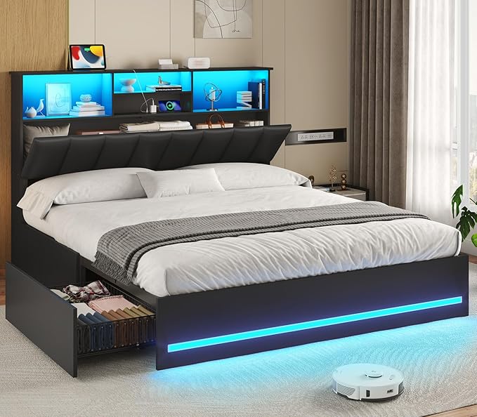 VIAGDO Upholstered Queen Bed Frame with Shelf Headboard, LED & 2 Storage Drawers